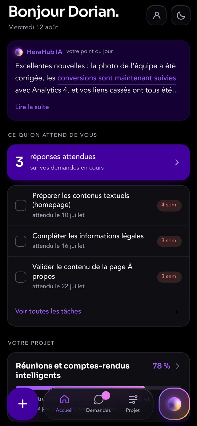 Écran d'accueil de l'app HeraHub OS : point du jour et tâches