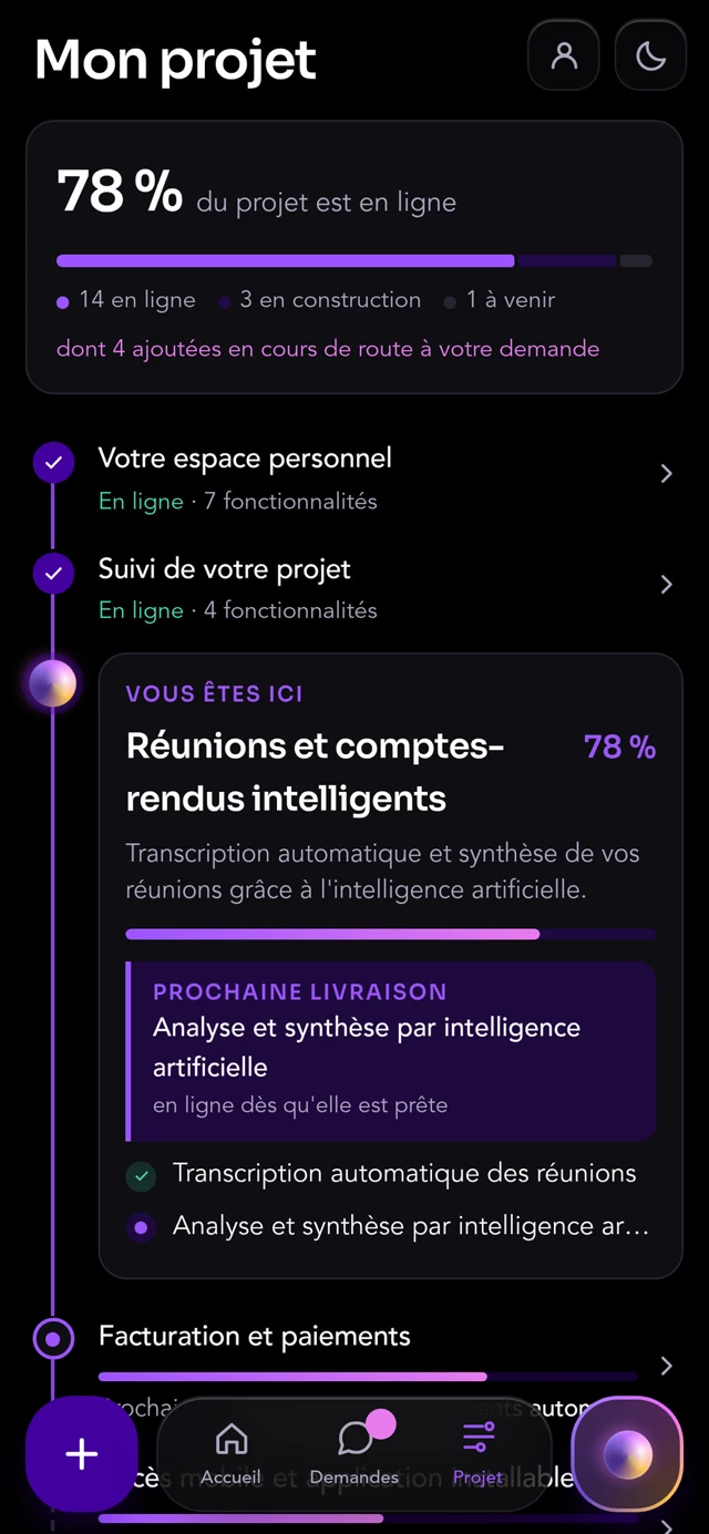 Suivi de projet dans HeraHub OS : roadmap et pourcentage d'avancement