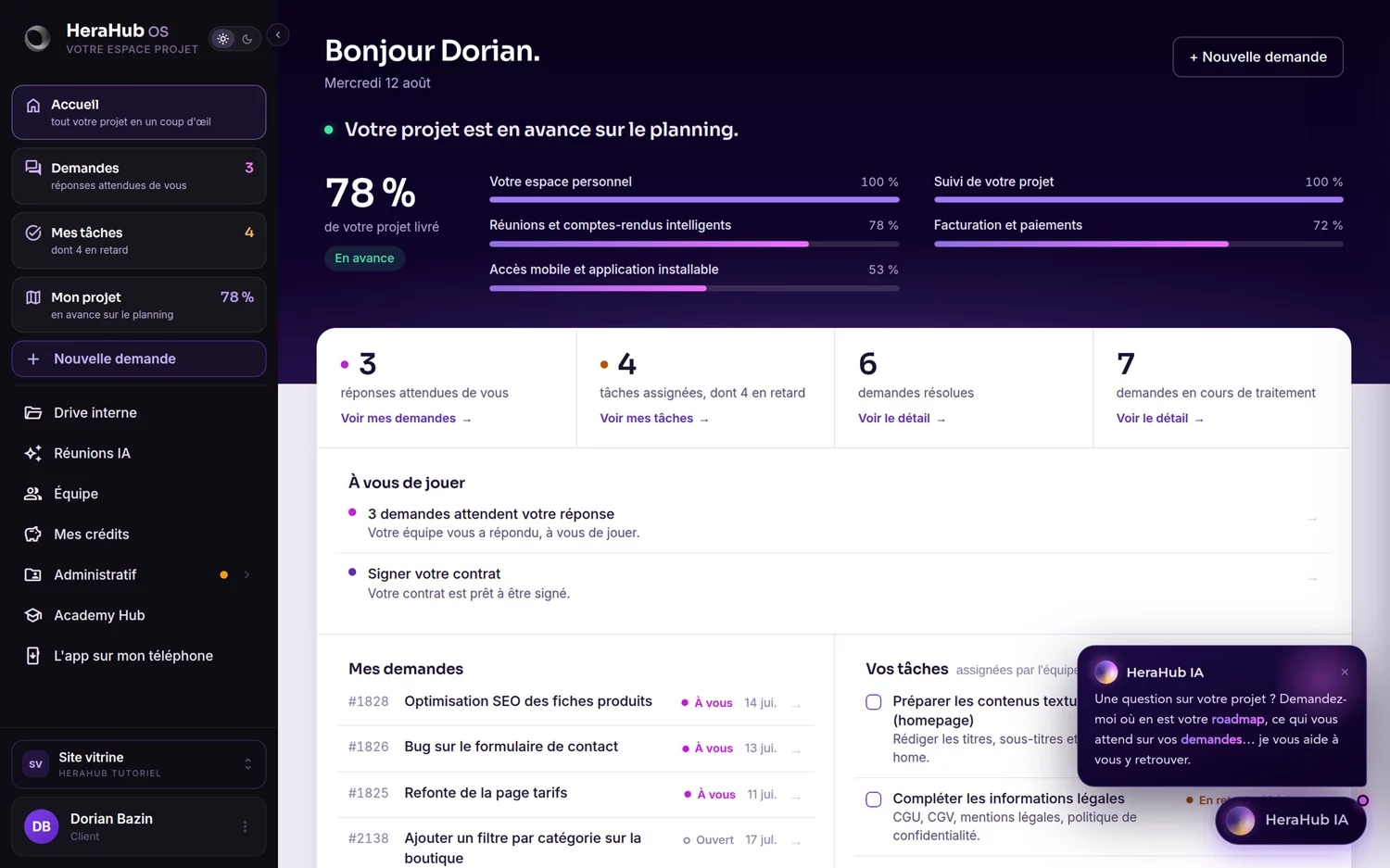Tableau de bord HeraHub OS sur ordinateur : avancement, demandes et tâches